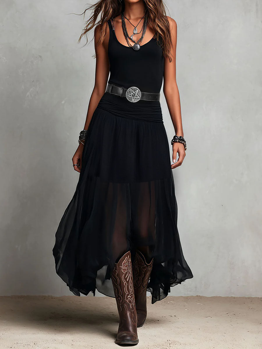 Selena | Boho Black Maxi Dress With Sheer Skirt