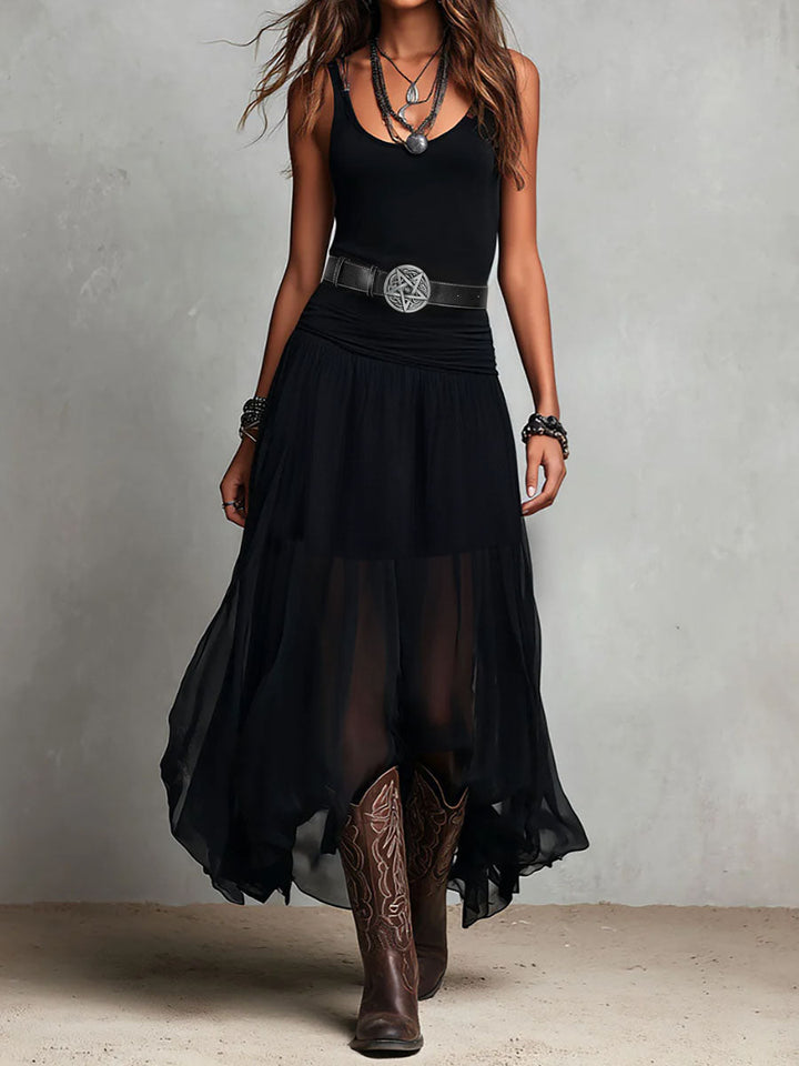 Selena | Boho Black Maxi Dress With Sheer Skirt