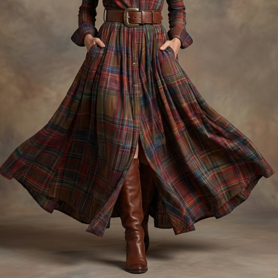 Retro Lapel Reddish Brown Plaid Maxi Dress