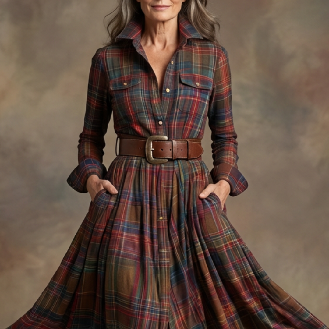 Retro Lapel Reddish Brown Plaid Maxi Dress