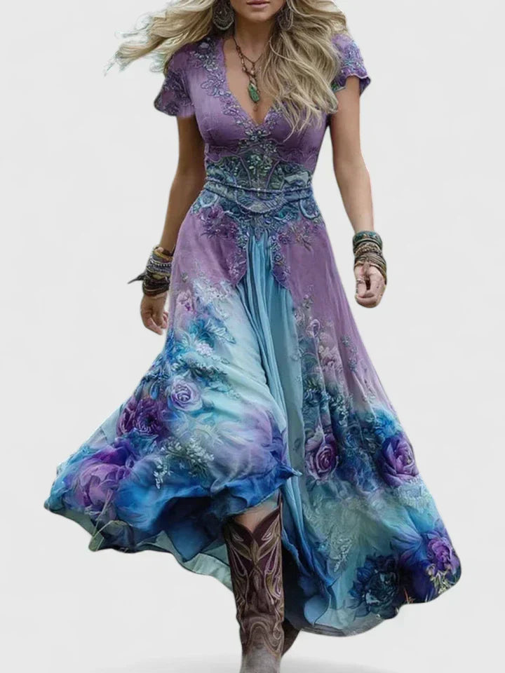 Lunessia – Printed V Neck Maxi Dress