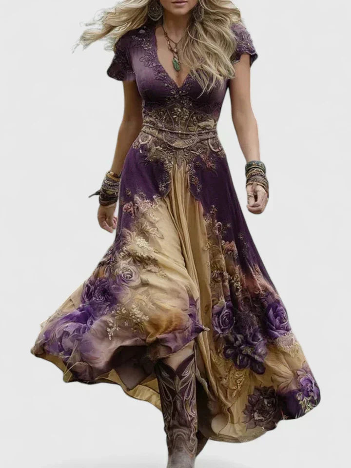 Lunessia – Printed V Neck Maxi Dress