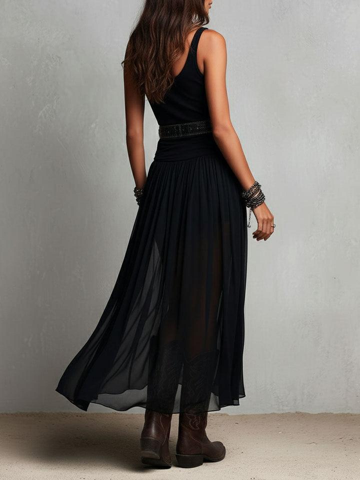 Selena | Boho Black Maxi Dress With Sheer Skirt