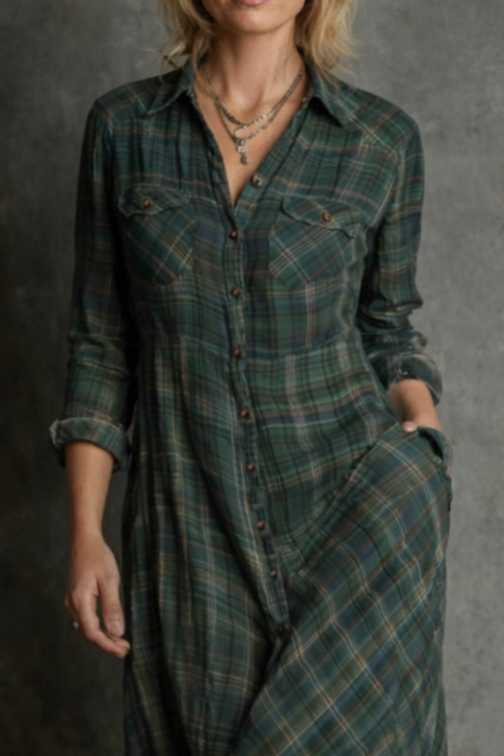 Green Plaid Lapel Single Breasted Shirt Long Dress