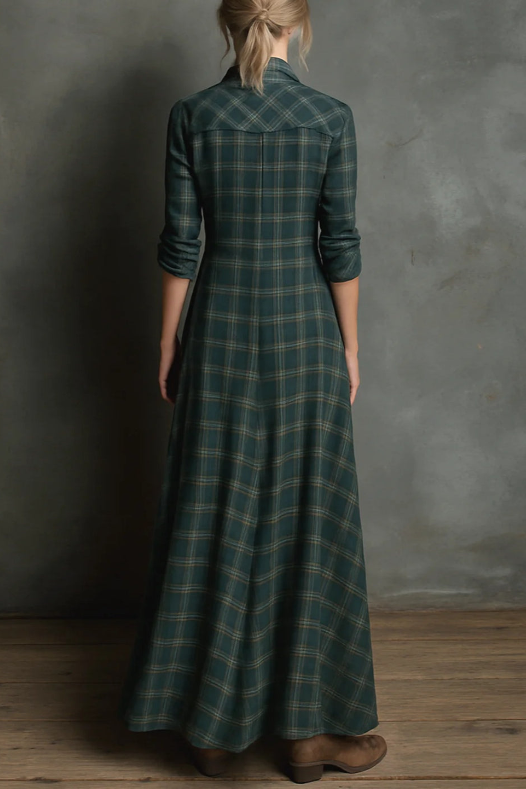 Green Plaid Lapel Single Breasted Shirt Long Dress