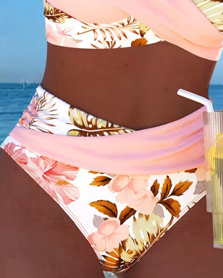 Bikini with contrasting floral print and cutout