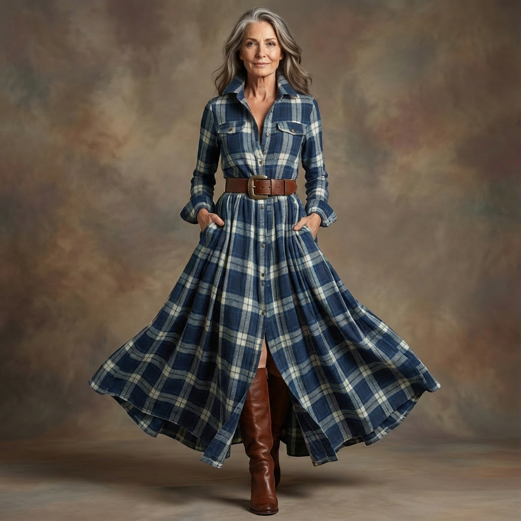 Retro Lapel Reddish Brown Plaid Maxi Dress
