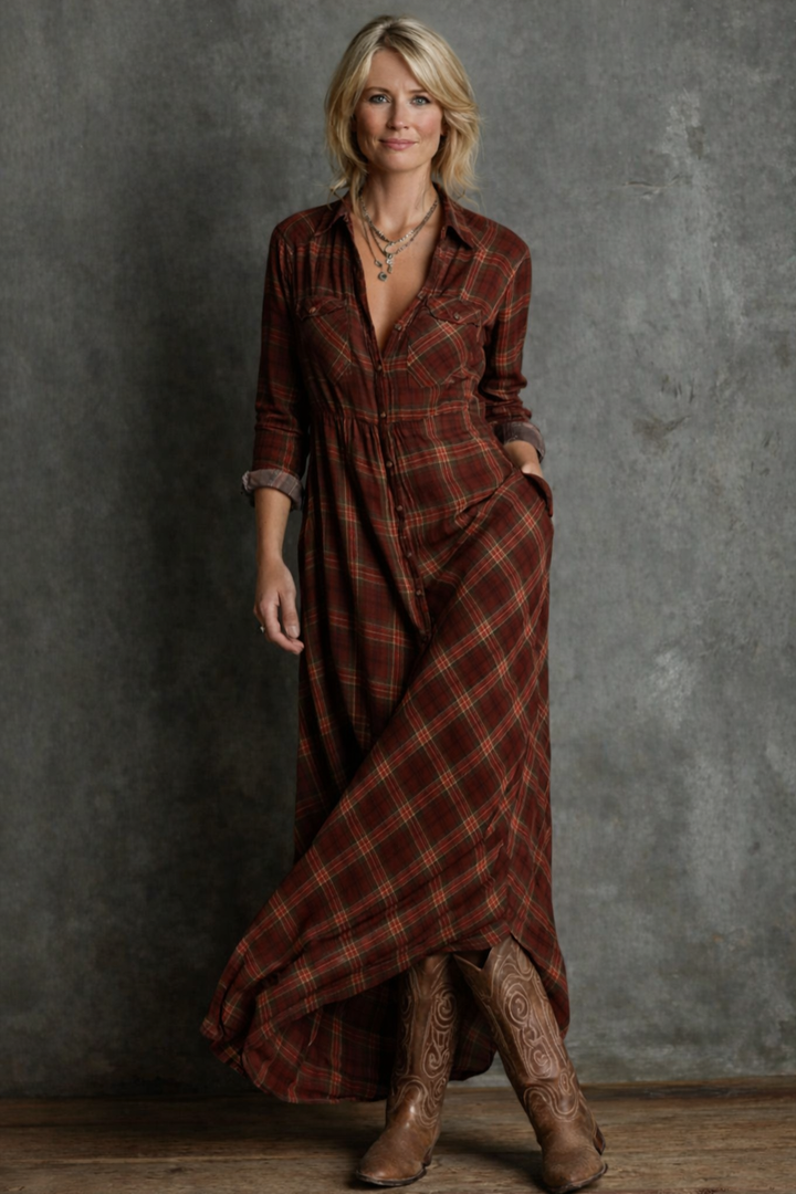Green Plaid Lapel Single Breasted Shirt Long Dress