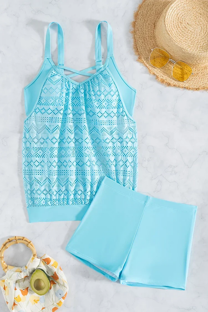 Crystal | Layered lace overlay tankini set that covers the belly