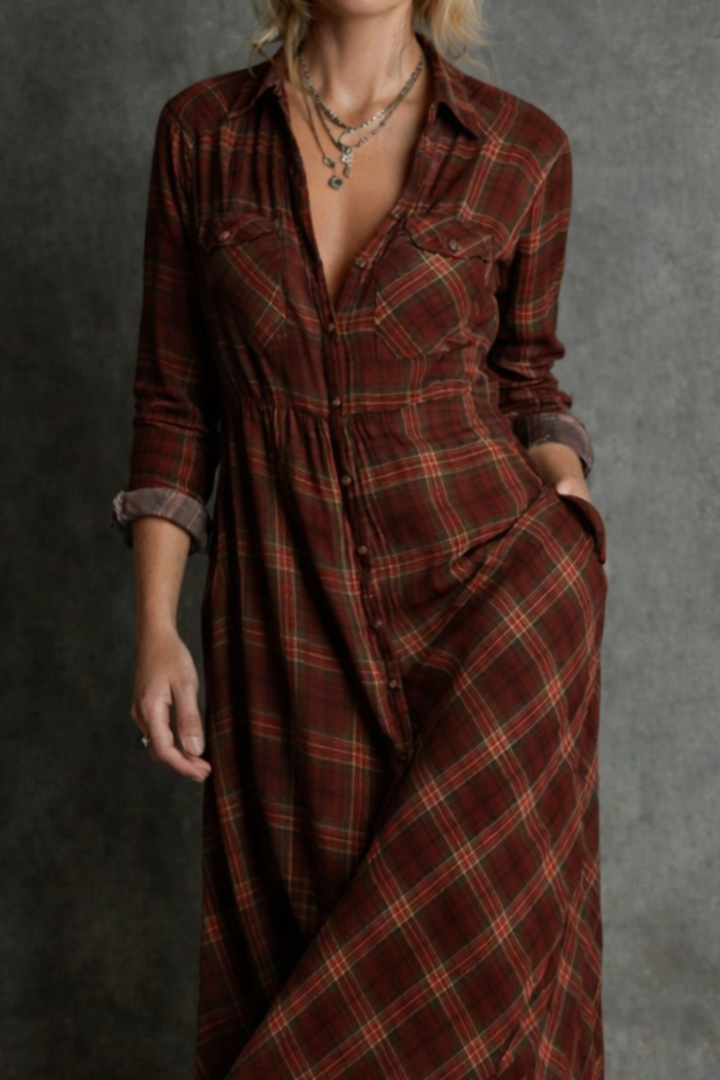 Green Plaid Lapel Single Breasted Shirt Long Dress