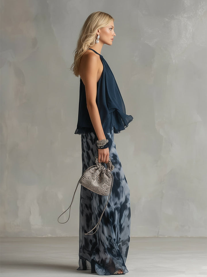 Ludovica | Elegant chiffon set with a high-neck top and wide-leg printed pants