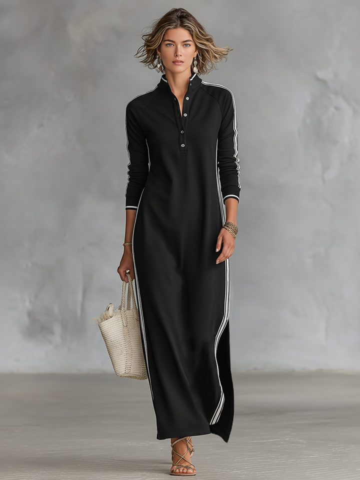 White-trimmed Button-down Collar Sweatshirt Maxi Dress