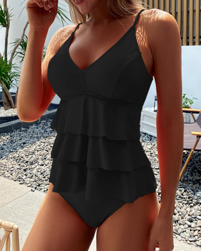 Lia – Solid Bathing Suit with Elegant Ruffles