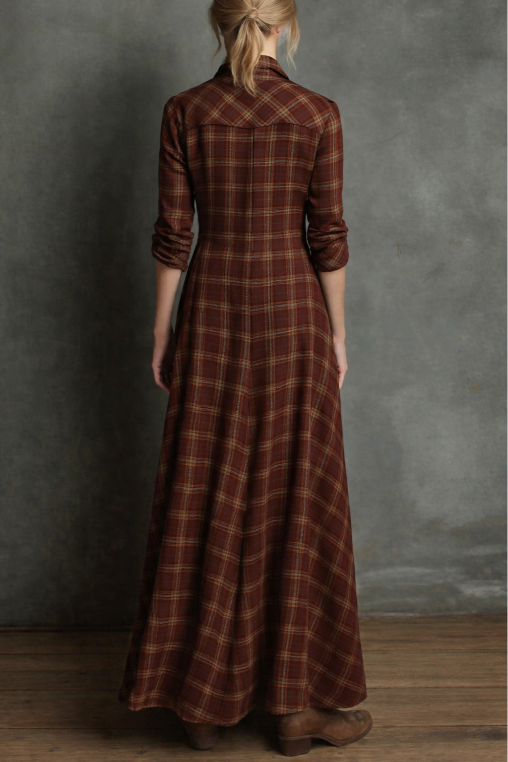 Green Plaid Lapel Single Breasted Shirt Long Dress