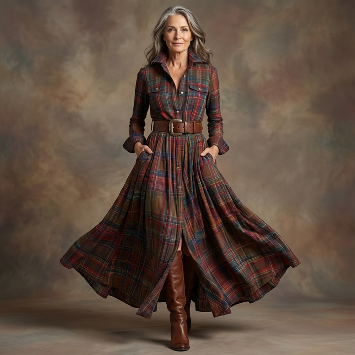 Retro Lapel Reddish Brown Plaid Maxi Dress
