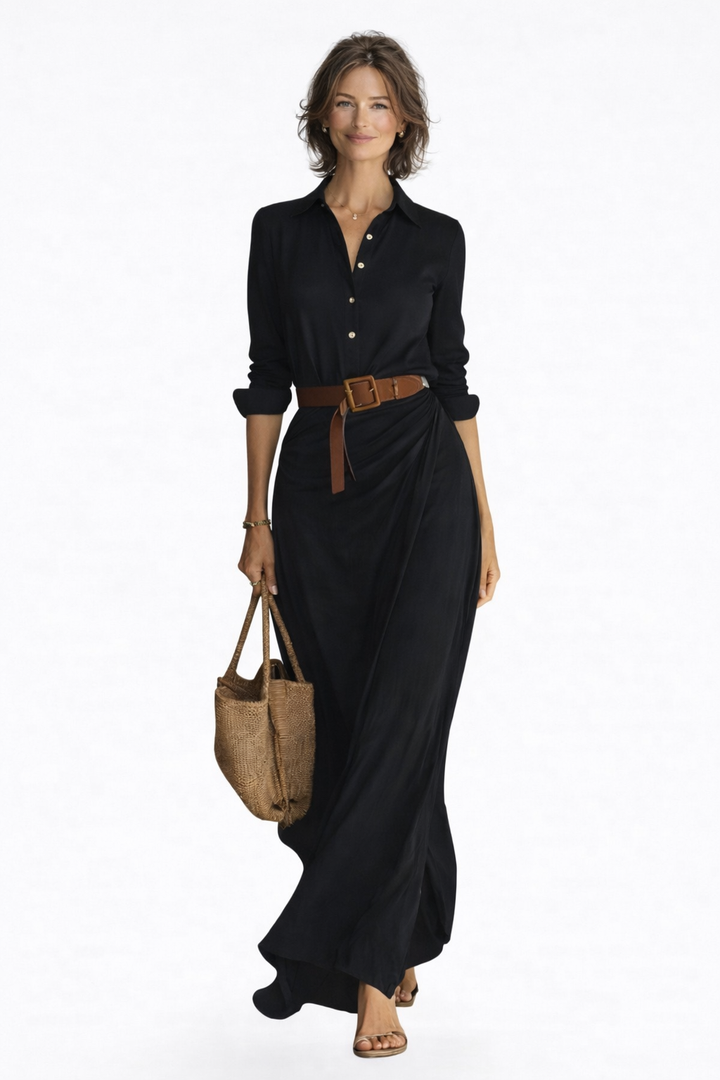 Lapel Single Breasted Long Sleeve Belted Maxi Dress