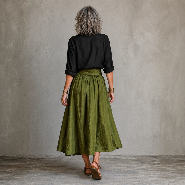 Clara™ | Two-Piece Set: Black T-Shirt and Olive Green Midi Skirt