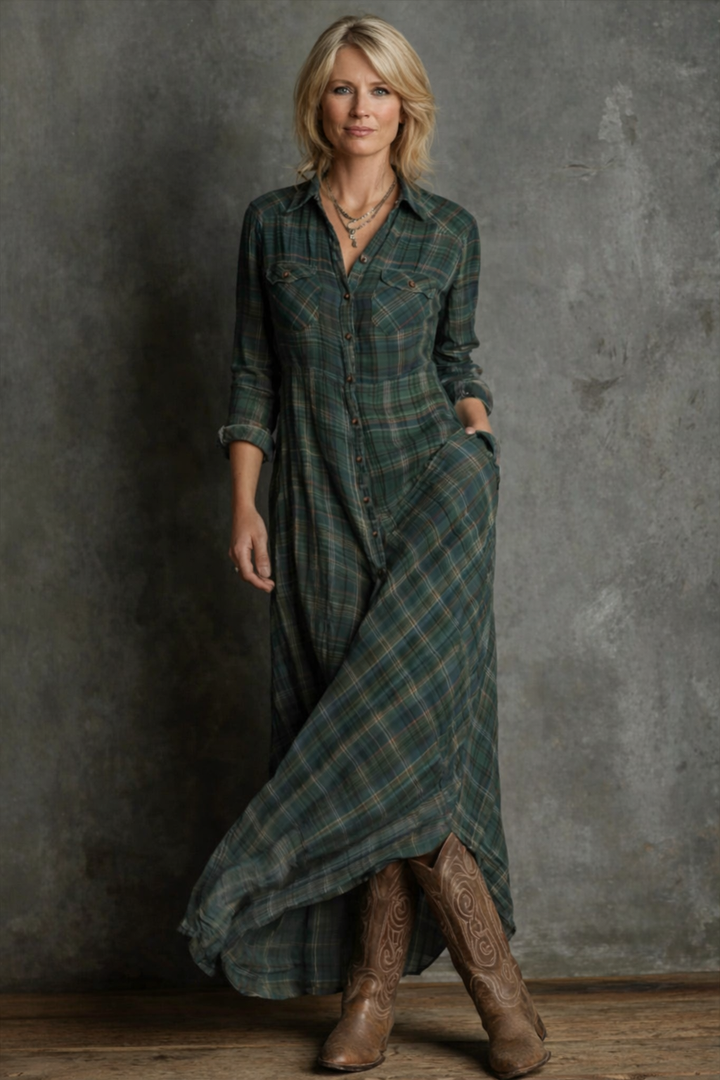 Green Plaid Lapel Single-Breasted Shirt Long Dress