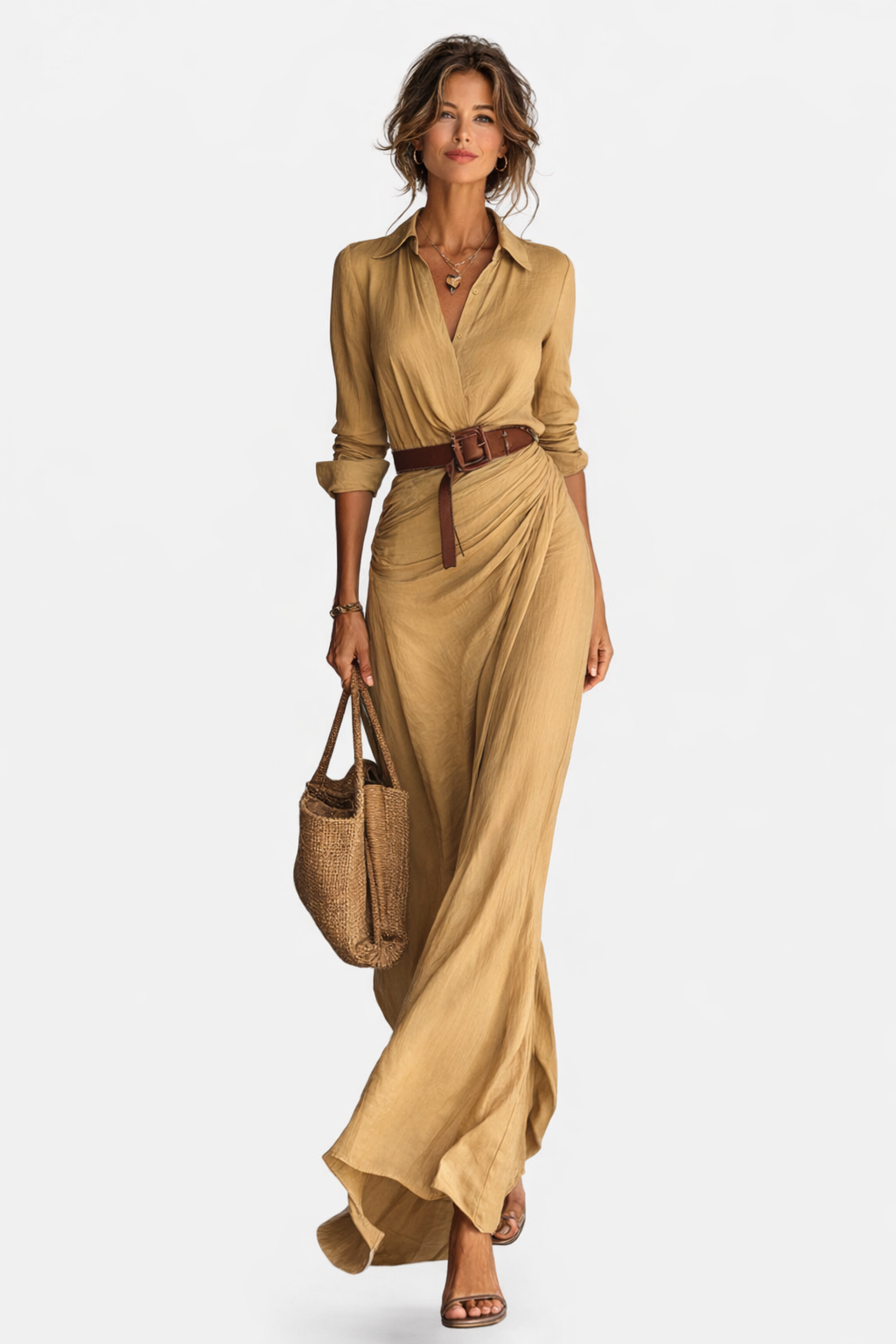 Lapel Single Breasted Long Sleeve Belted Maxi Dress