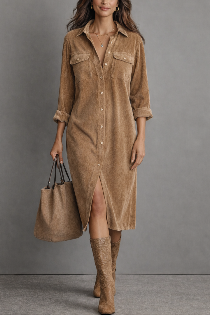 Loose Corduroy Double Chest Pocket Single Breasted Midi Dress