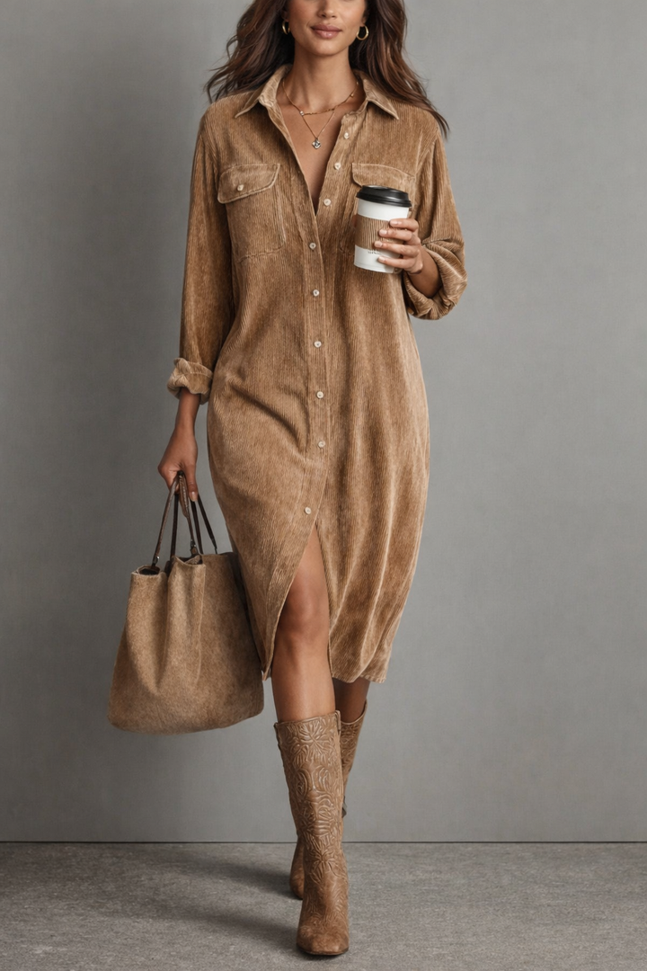 Loose Corduroy Double Chest Pocket Single Breasted Midi Dress
