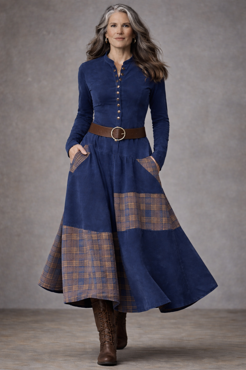 Navy Plaid Paneled Vintage Suede Maxi Dress (with belt)
