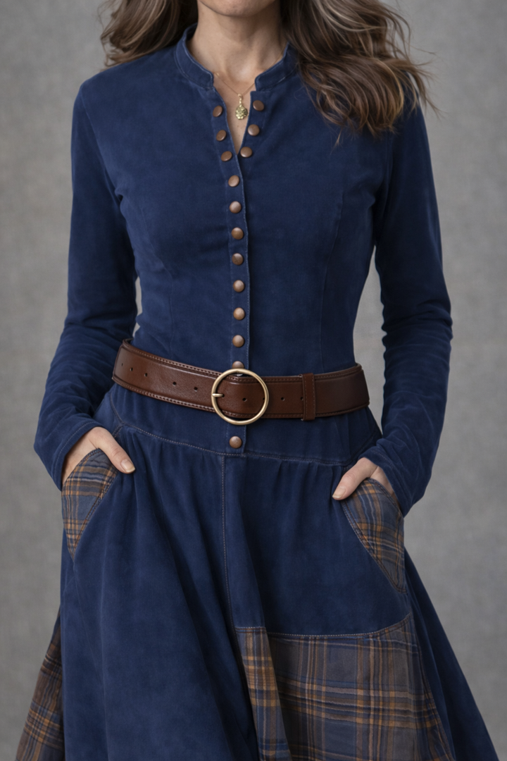 Navy Plaid Paneled Vintage Suede Maxi Dress (with belt)