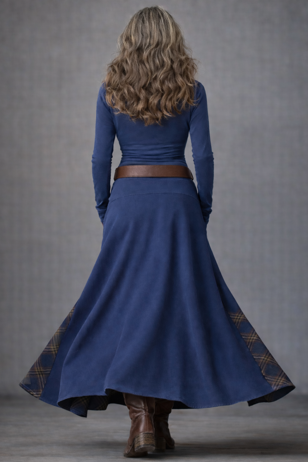 Navy Plaid Paneled Vintage Suede Maxi Dress (with belt)