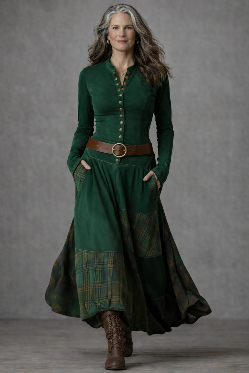 Navy Plaid Paneled Vintage Suede Maxi Dress (with belt)