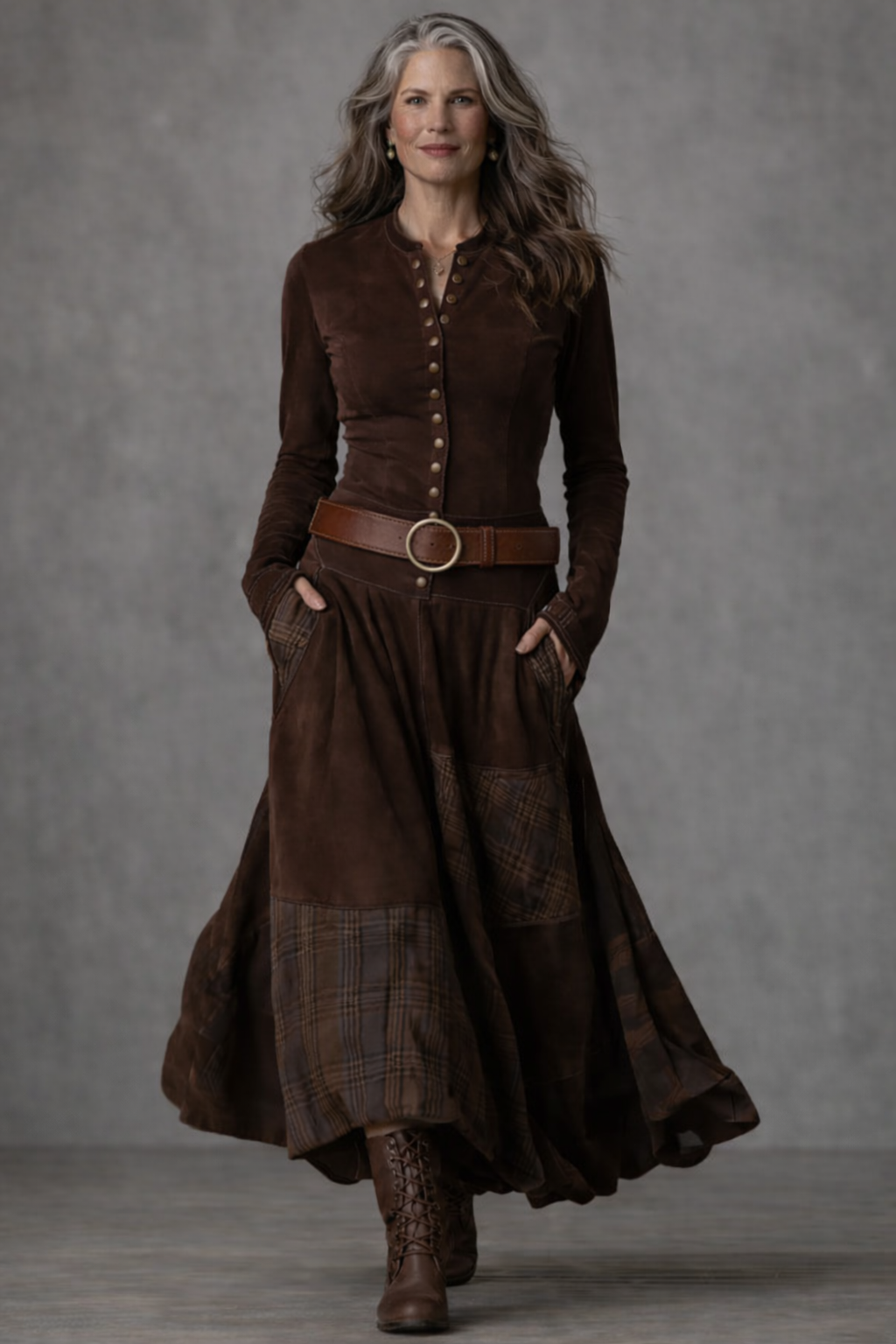 Navy Plaid Paneled Vintage Suede Maxi Dress (with belt)