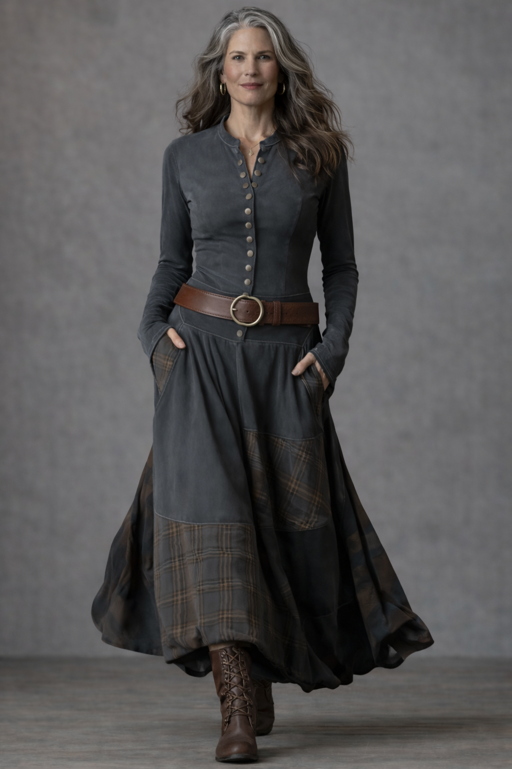 Navy Plaid Paneled Vintage Suede Maxi Dress (with belt)