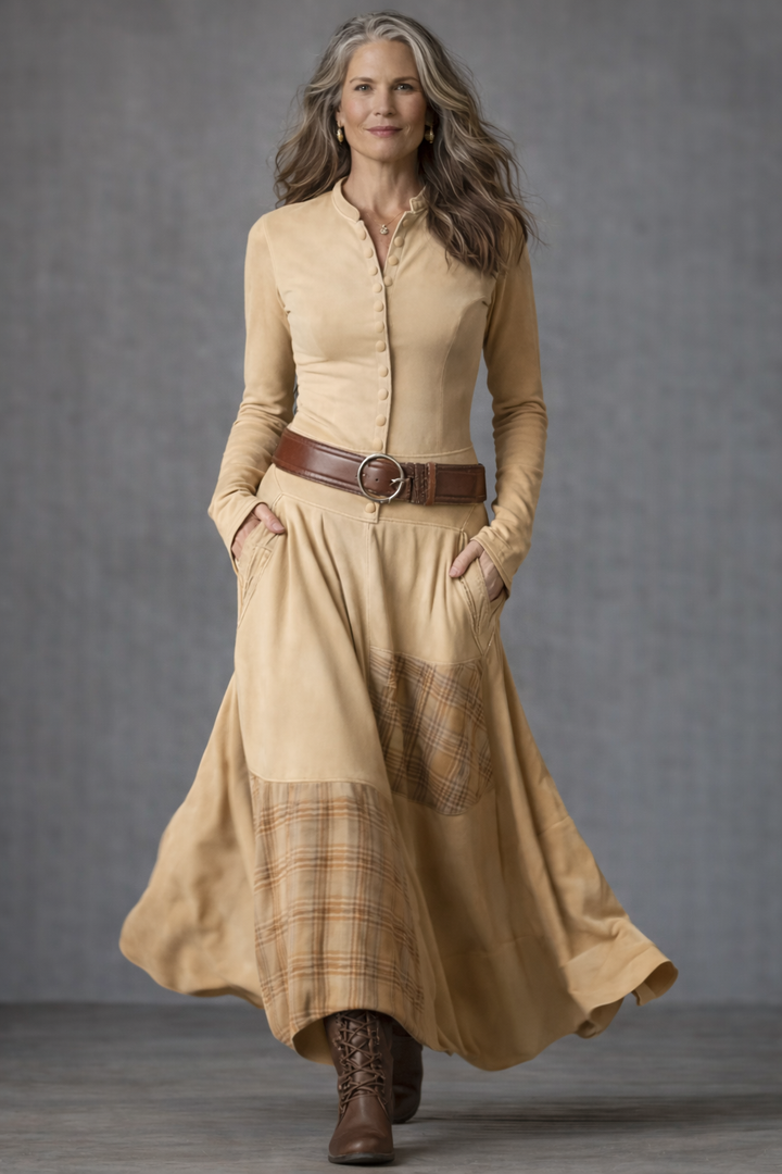 Navy Plaid Paneled Vintage Suede Maxi Dress (with belt)