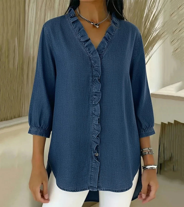 ADELE | Flowing Denim Blouse with V-Neck and Ruffle Detail