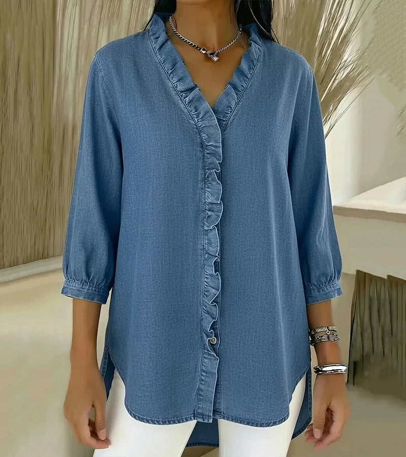 ADELE | Flowing Denim Blouse with V-Neck and Ruffle Detail