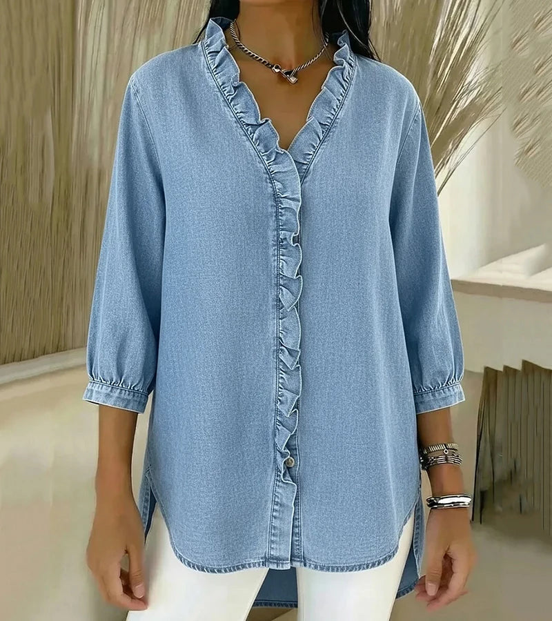 ADELE | Flowing Denim Blouse with V-Neck and Ruffle Detail