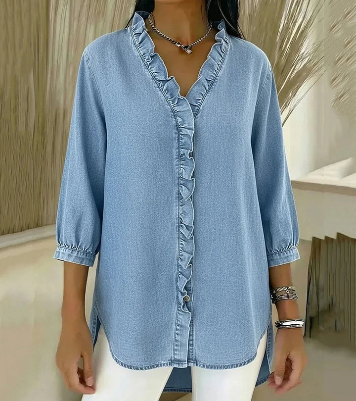 ADELE | Flowing Denim Blouse with V-Neck and Ruffle Detail