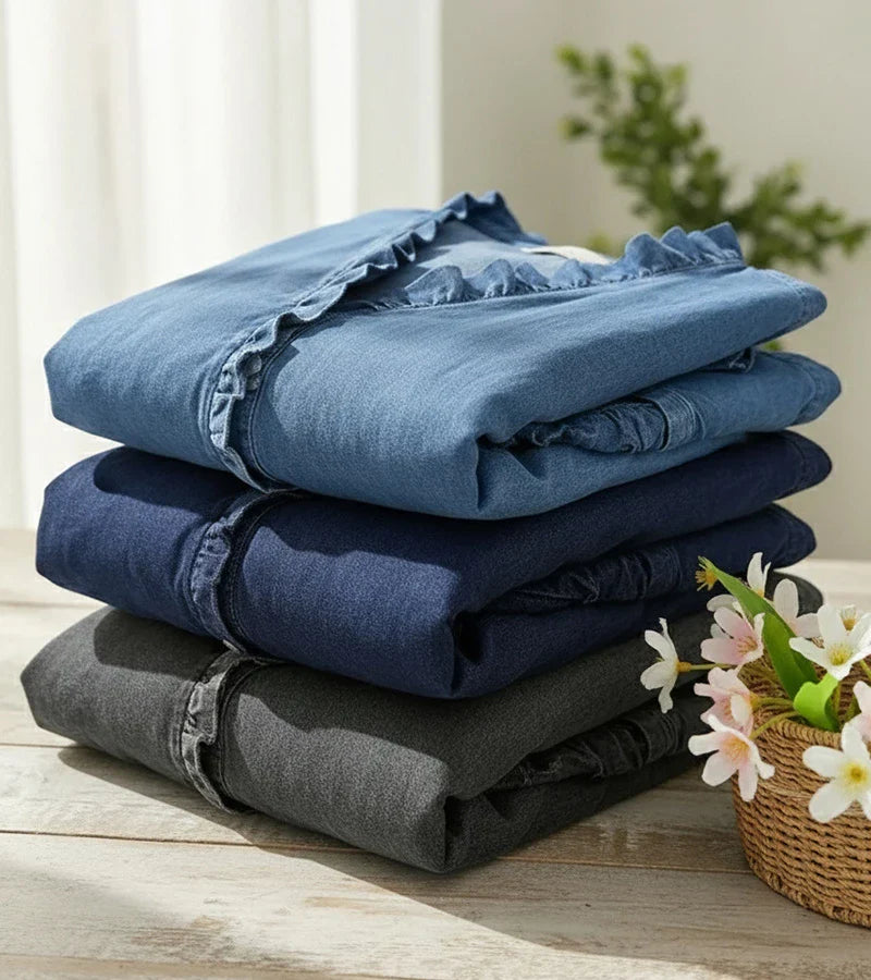 ADELE | Flowing Denim Blouse with V-Neck and Ruffle Detail