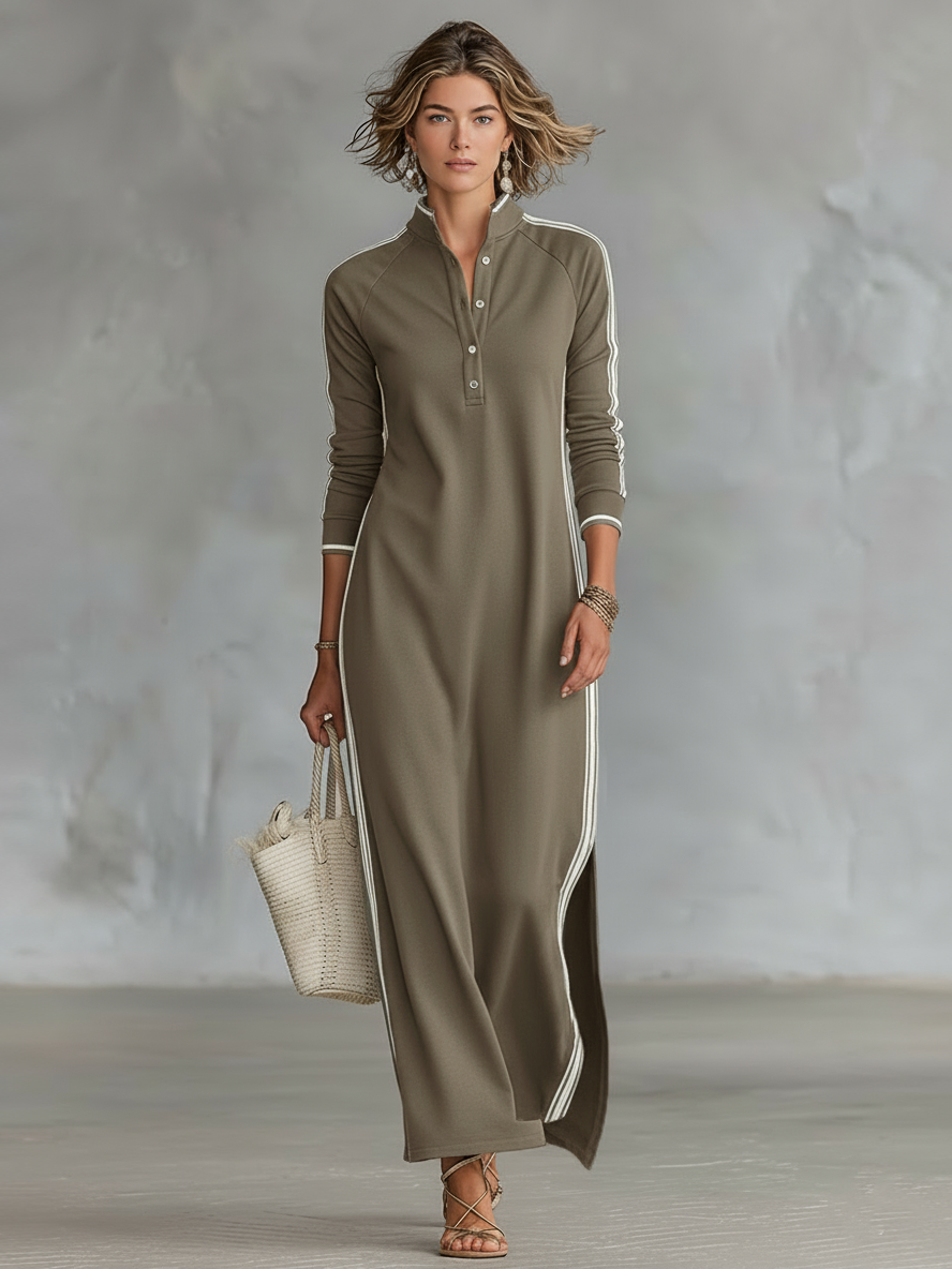 White-trimmed Button-down Collar Sweatshirt Maxi Dress