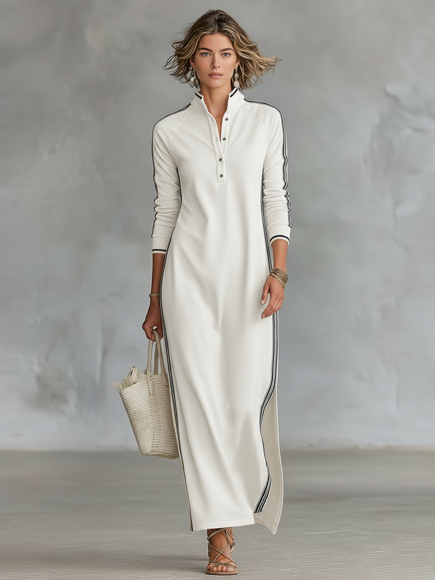White-trimmed Button-down Collar Sweatshirt Maxi Dress