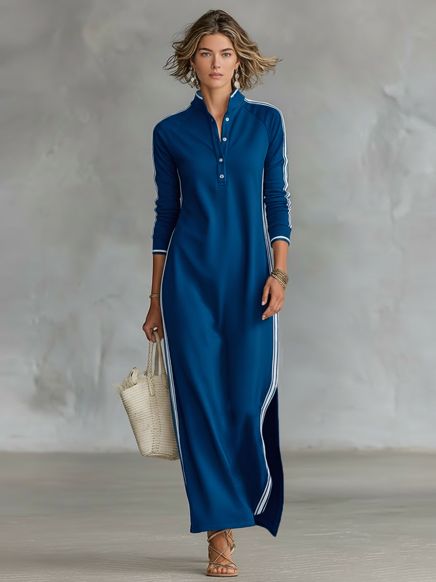 White-trimmed Button-down Collar Sweatshirt Maxi Dress