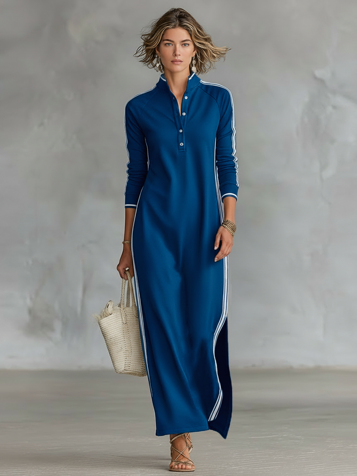 White-trimmed Button-down Collar Sweatshirt Maxi Dress