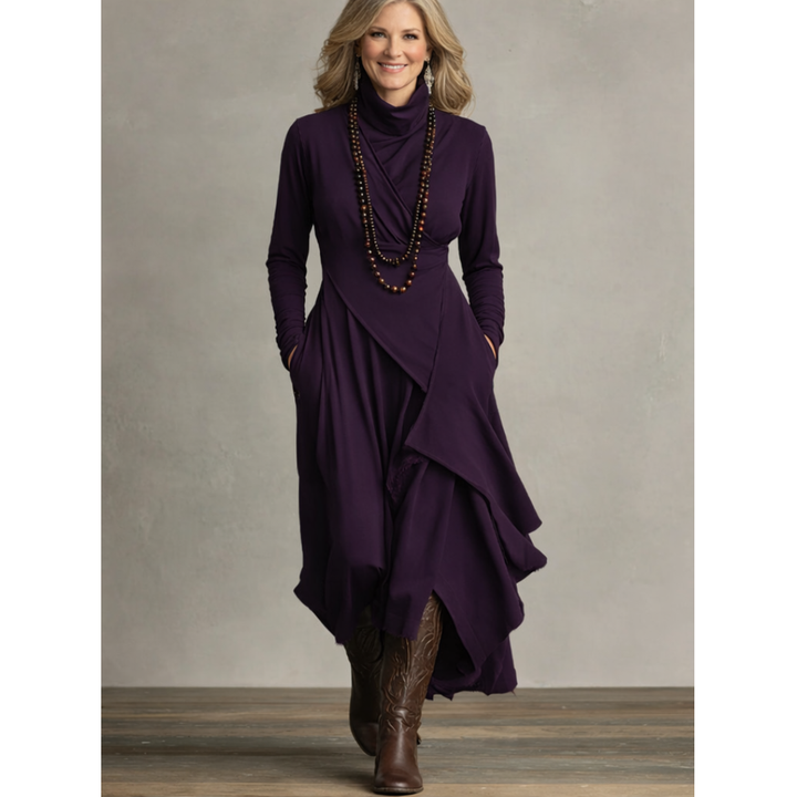 Purple High neck Asymmetrical Pleated Maxi Dress