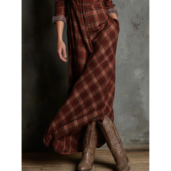 Green Plaid Lapel Single-Breasted Shirt Long Dress