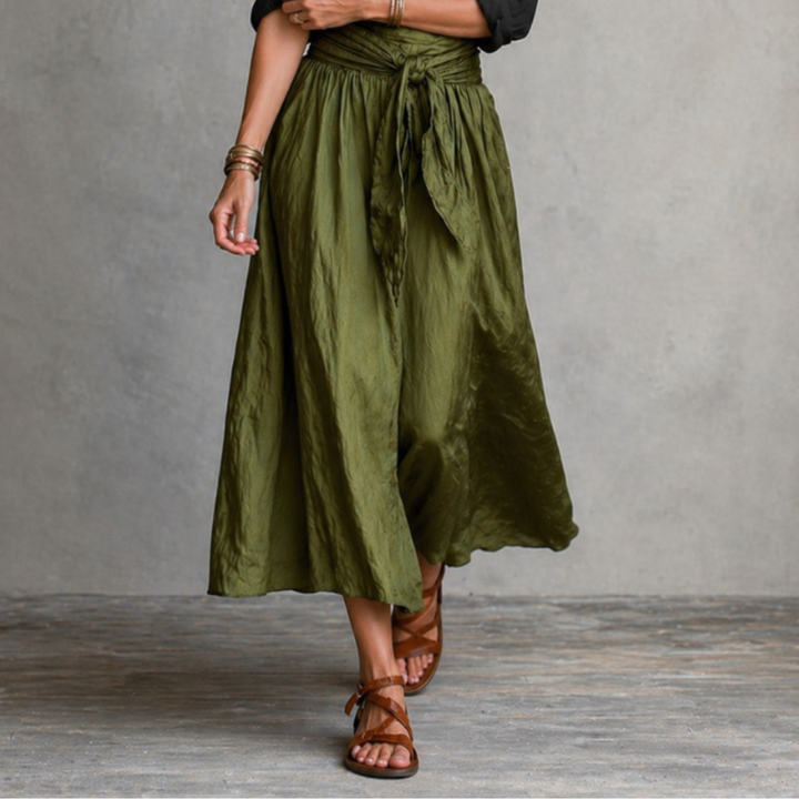 Clara™ | Two-Piece Set: Black T-Shirt and Olive Green Midi Skirt