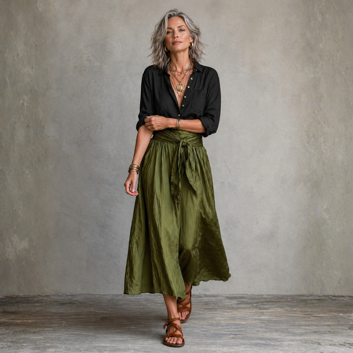 Clara™ | Two-Piece Set: Black T-Shirt and Olive Green Midi Skirt