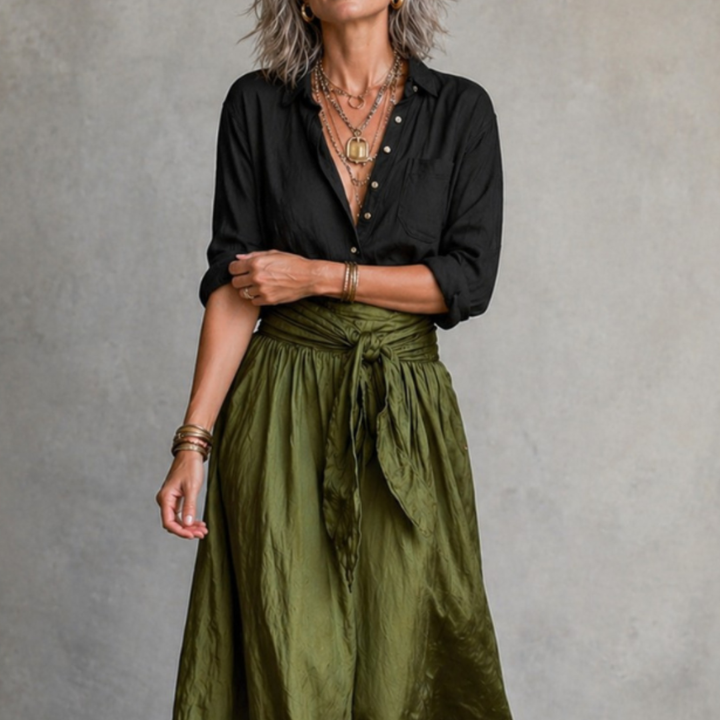 Clara™ | Two-Piece Set: Black T-Shirt and Olive Green Midi Skirt