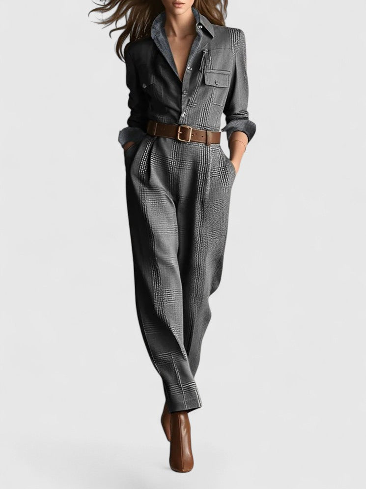 Brown Sophisticated Tweed Texture Plaid Utility Jumpsuit