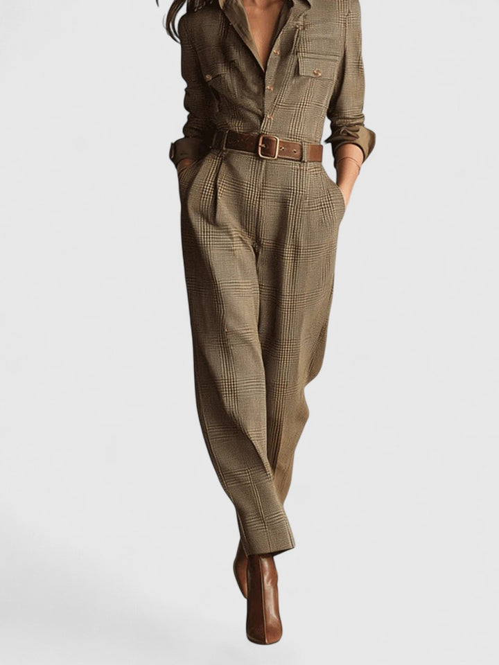 Brown Sophisticated Tweed Texture Plaid Utility Jumpsuit
