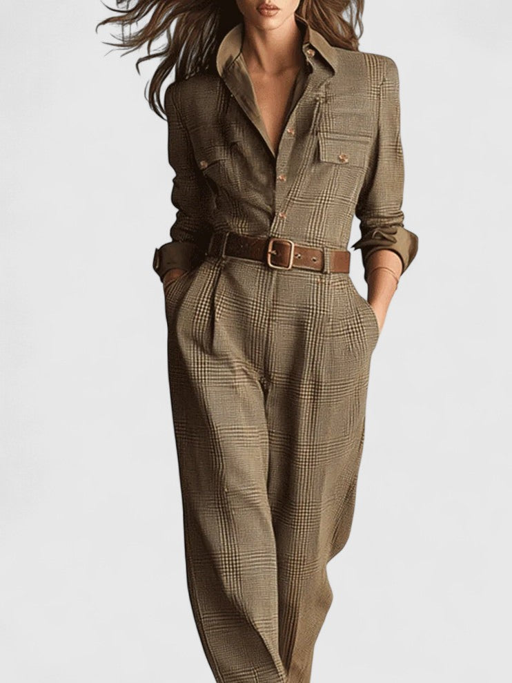 Brown Sophisticated Tweed Texture Plaid Utility Jumpsuit