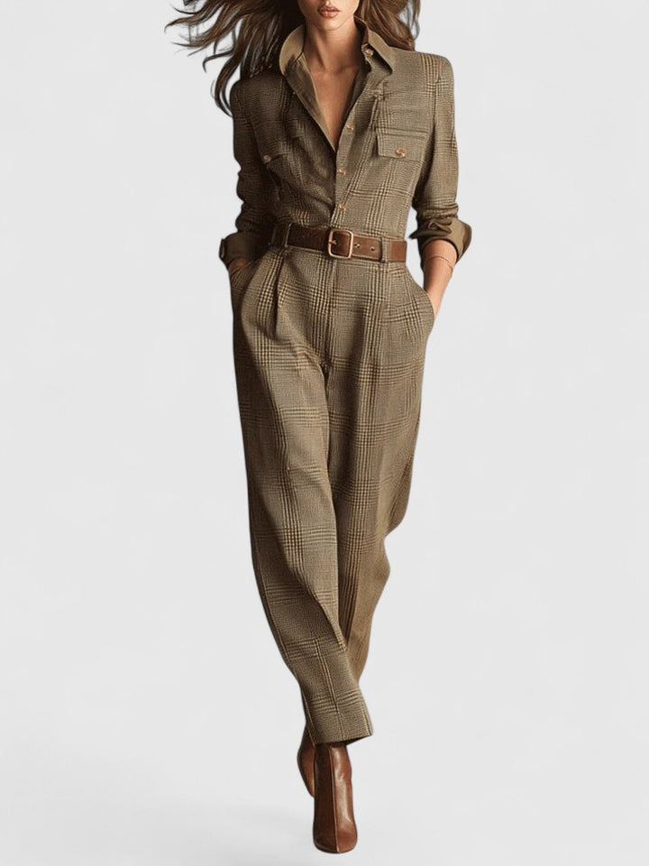 Brown Sophisticated Tweed Texture Plaid Utility Jumpsuit